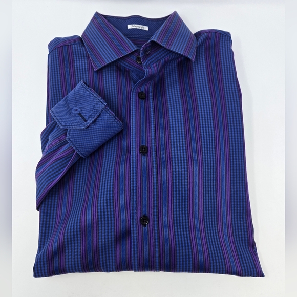 Bugatchi Other - BUGATCHI BUTTON UP DRESS SHIRT FLIP CUFF BLUE & PURPLE STRIPE MEN XL SHAPED FIT